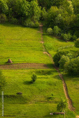 Rural meadow with haystack and winding dirt path