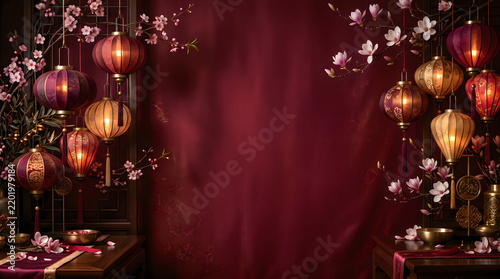 Traditional chinese lanterns and cherry blossom flowers on a dark red festive background