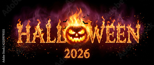 Halloween flames blazing dramatically in darkness, creating an intense fiery horror background with glowing orange fire, sparks and a sinister seasonal atmosphere.