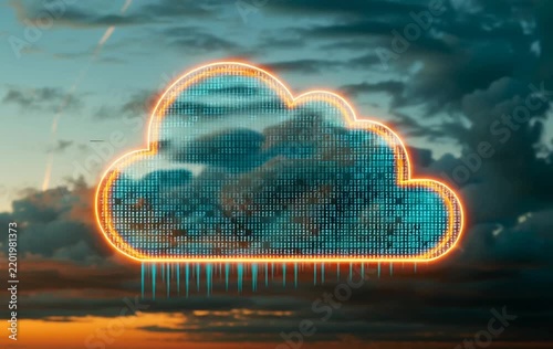 Conceptual Glowing Neon Cloud Icon with Binary Code Data Floating in Sunset Sky