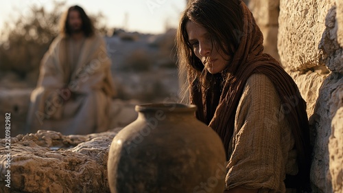 Samaritan Woman at the Well Listening to Jesus, Sacred Painting for Bible Education