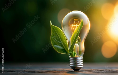Glowing Incandescent Light Bulb Growing from Green Leaves Eco Friendly Energy Concept