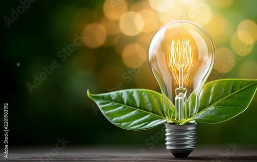Glowing Incandescent Light Bulb Growing from Green Leaves Eco Friendly Energy Concept
