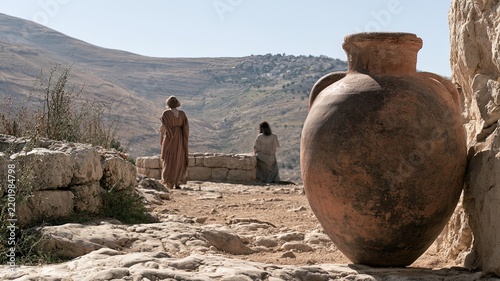 Samaritan Woman Leaving the Well as Jesus Watches, Large Terracotta Water Jar in Biblical Landscape
