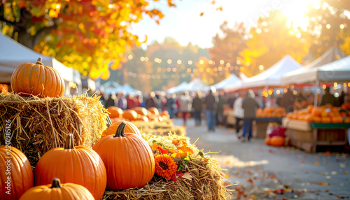 Herbstlicher Kürbismarkt mit Heuballen und Marktständen im Sonnenlicht