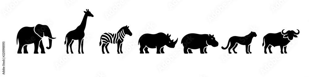 Fototapeta premium Set of black safari animal silhouettes featuring diverse African wildlife in profile