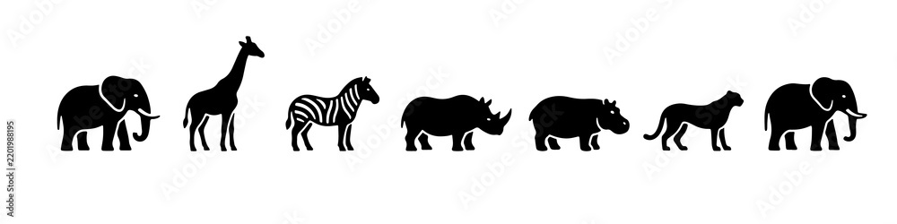 Fototapeta premium Set of wild safari animal silhouettes including elephant, giraffe, zebra, rhino and lion