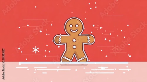 Festive gingerbread man with red background and falling snowflakes