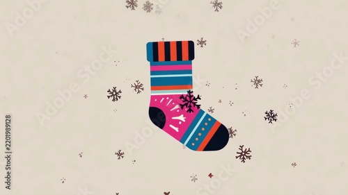 Colorful striped christmas stocking with snowflakes on festive background