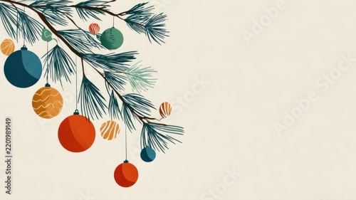 Festive pine branch with colorful ornaments on cream background