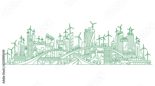Panoramic Minimalist Green Line Art Illustration of a Sustainable Future Eco-City Skyline Featuring Green Skyscrapers, Wind Turbines, Nature, Curved Bridges and High-Speed Transit
