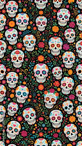 Seamless pattern of colorful Mexican sugar skulls surrounded by bright flowers, leaves, hearts and decorative motifs on a deep black background, Day of the Dead, Dia de los Muertos, calavera, sugar sk