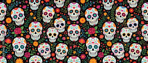 Seamless pattern of colorful Mexican sugar skulls surrounded by bright flowers, leaves, hearts and decorative motifs on a deep black background, Day of the Dead, Dia de los Muertos, calavera, sugar sk