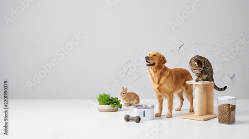 Pet health and wellness care products featuring golden retriever dog tabby cat and rabbit with healthy nutrition food and water fountain in minimalist bright studio background