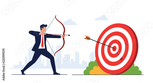 Professional businessman aiming a bow and arrow directly at a large target, symbolizing precise focus and business goal.