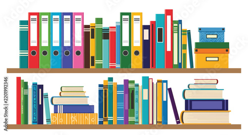 Bright colorful modern flat vector illustration of two office bookshelves packed with binders, folders and books.