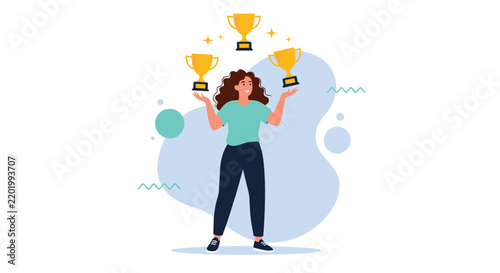 Happy young woman smiling proudly while balancing three golden winner trophies in her hands on a blue background.