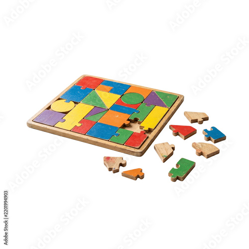 Vintage Wooden Jigsaw Puzzle with Loose Pieces Isolated