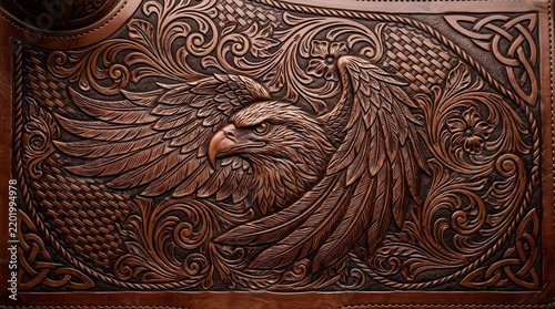 Intricate Wooden Carving of Eagle Head with Floral and Geometric Patterns - Dark Textured Artwork