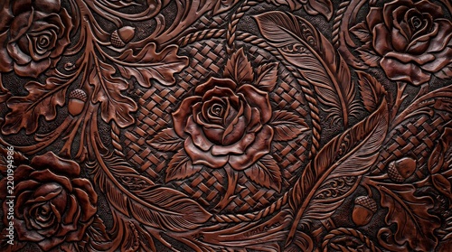 Intricate Dark Wood Carving with Floral and Geometric Patterns - Ornate Textured Background