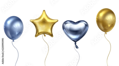 Metallic blue and gold balloons in round star and heart shapes with ribbons on transparent background.