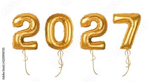 Floating gold foil balloons 2027 with hanging ribbons for New Year celebration.