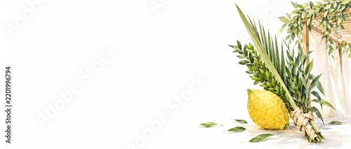 Sukkot Watercolor Painting Background with Etrog and Lulav, Jewish Holiday Greeting Card Mockup with Copy Space.