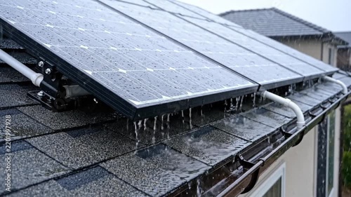 Solar panels on a residential shingled roof, covered in ice and icicles, illustrating the challenges of renewable energy in freezing winter conditions
