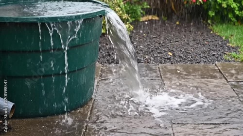 Rainwater gushing from an overflowing green barrel onto a wet patio during a heavy downpour, illustrating sustainable water collection methods for environmental conservation efforts