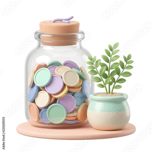 Glass jar filled with colorful coins and a small potted plant