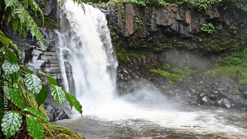 Majestic tropical waterfall cascading down rugged volcanic rocks amidst a vibrant, dense rainforest, creating a breathtaking display of natural power and serene beauty in an exotic landscape