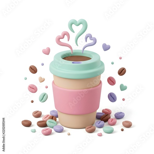 Cute 3D coffee cup with heart steam and colorful coffee beans