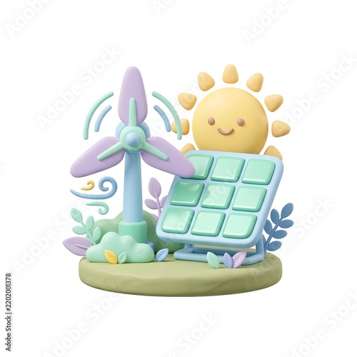 3D renewable energy concept with wind turbine, solar panel and sun