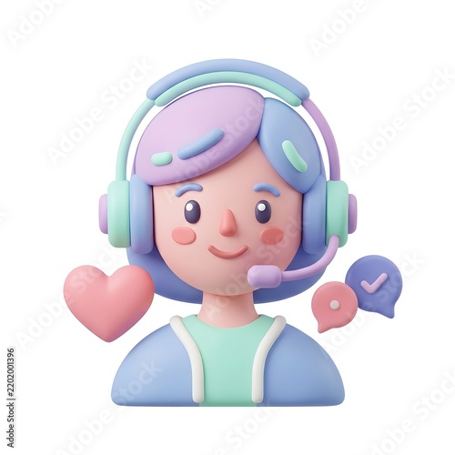 3D render of a support operator woman with headphones and mic