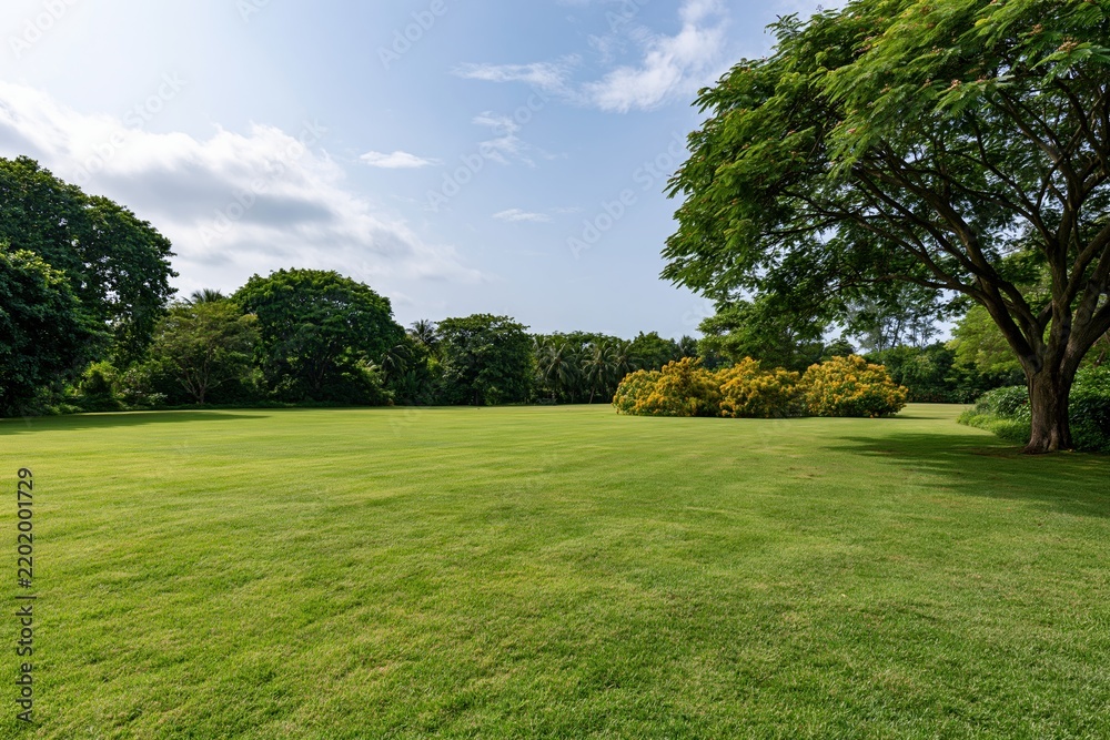 Fototapeta premium The Tranquil Park Lawn Under Clear Sky With Lush Greenery and Trees