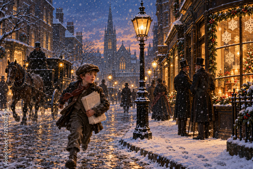 Boy Running Through Snowy Christmas Street