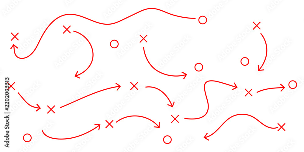 Obraz premium Red sports strategy diagram with arrows and icons, tactical game plan vector illustration, coaching playbook scheme for team competition