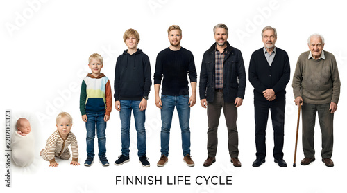 The full life cycle of a Finnish man, from infant to elderly, shown in a line-up. The men are shown at different stages of life, from baby to old age