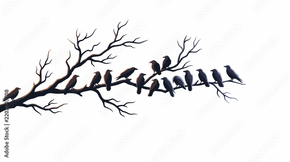 Obraz premium A flock of crows perched on bare tree branches against a white background