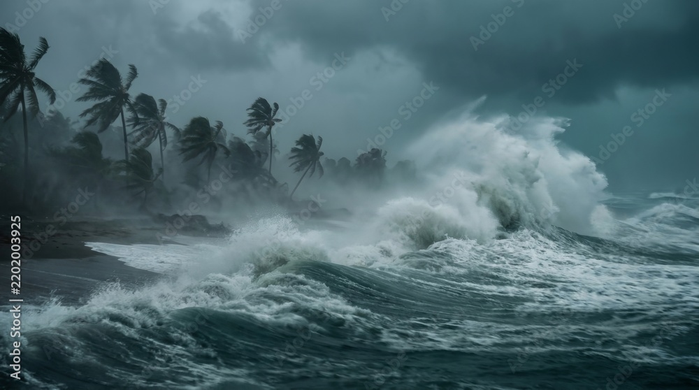 Obraz premium Powerful hurricane waves crashing onto a tropical shoreline during a storm.