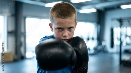 Determined young boy wearing boxing gloves practicing punches in a gym.