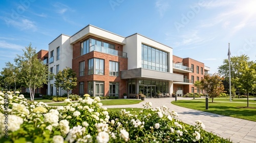 Modern residential care home exterior with inviting architecture and landscaped gardens.