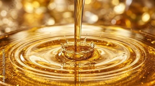 Golden grapeseed oil being poured into a pool of liquid creating ripples.