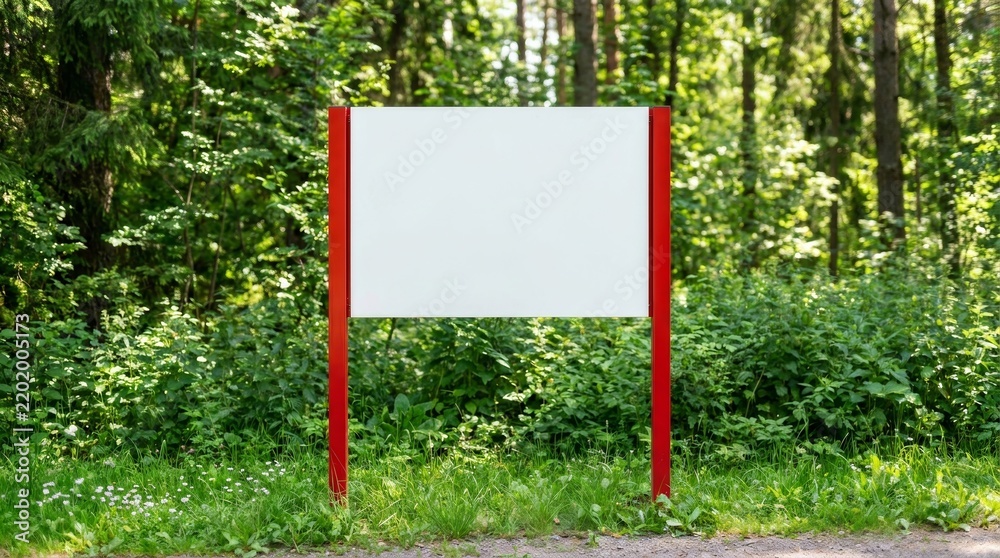 Obraz premium Blank white signboard with mockup space in a lush summer garden.
