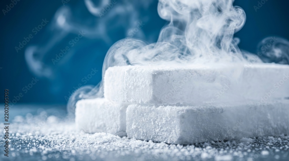 Obraz premium Solid carbon dioxide blocks of dry ice subliming with a foggy effect.