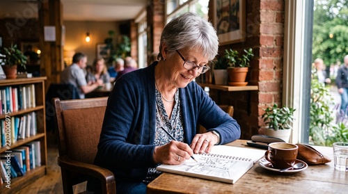 Senior woman sketching in sketchbook at cozy cafe, elderly lady drawing with pen in coffee shop, creative retirement lifestyle and artistic hobby