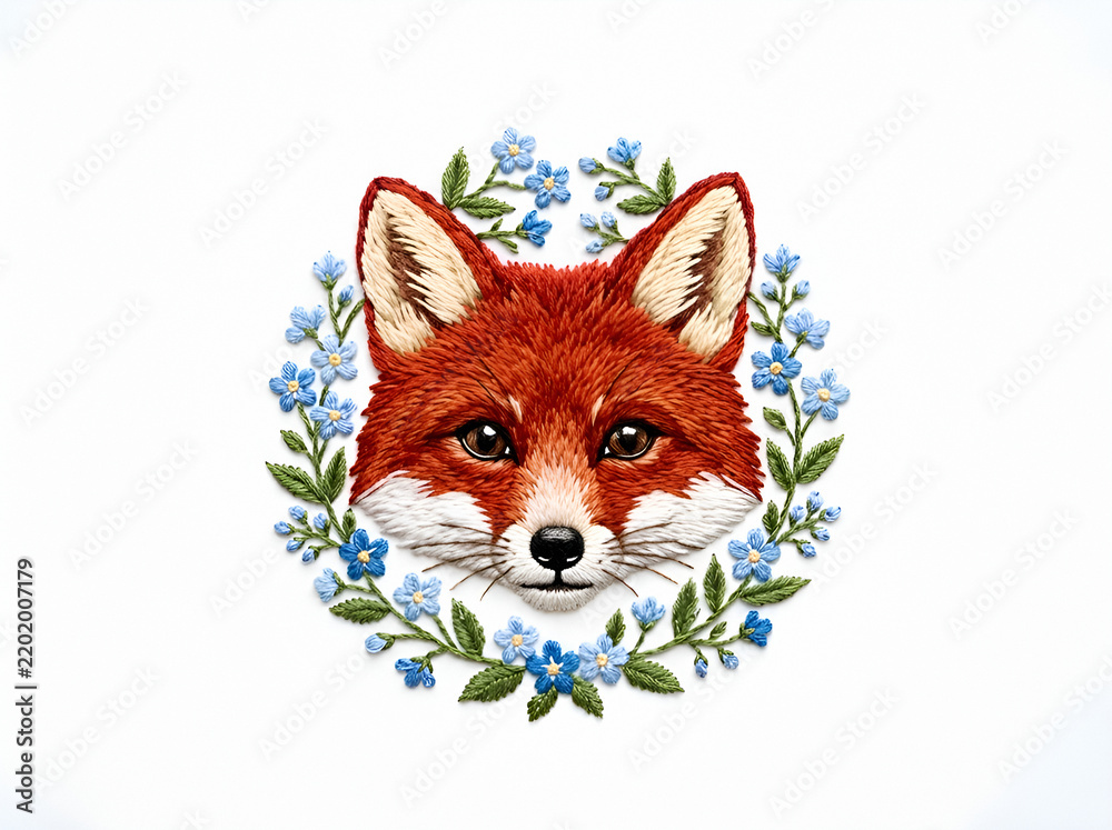 Fototapeta premium Red fox head with blue flowers wreath