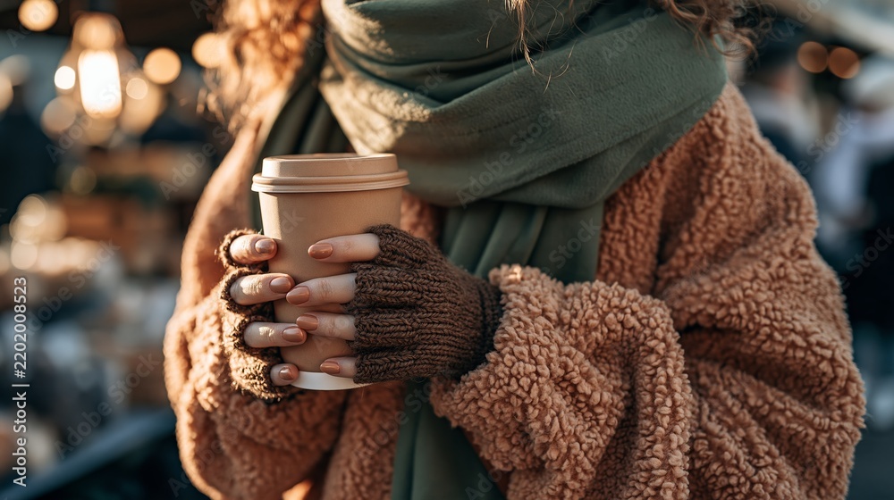 Obraz premium Woman in teddy fleece jacket holding warm cup at winter market Generative AI