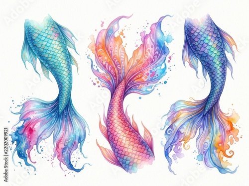 Three colorful watercolor mermaid tails with flowing fins and splashes of paint on a white background
