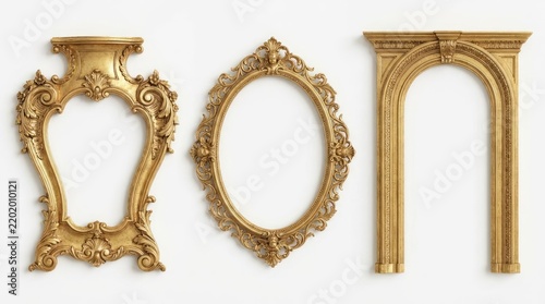 Ornate gold picture frames and architectural arch on white.